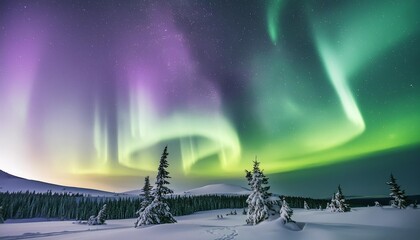 Obraz premium Capture the ethereal beauty of the Northern Lights in Lapland, Finland, with vibrant ribbons of green and purple dancing across the night sky.