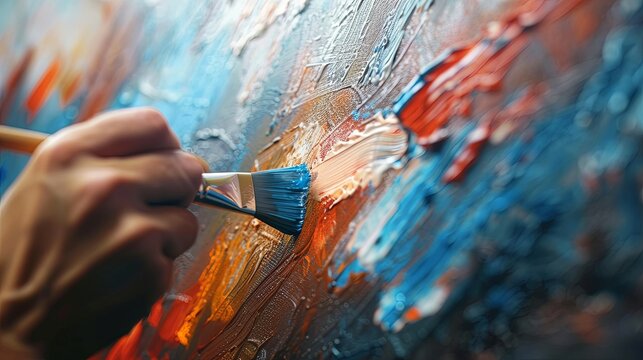 An abstract painting dominated by bold brush strokes in blue and orange, with a hand skillfully applying paint, creating a rich blend of textures and dynamic movement.