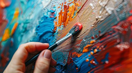 A close-up shot of a hand using a brush to create bold strokes on a vividly colorful abstract canvas, highlighting the expressive use of colors and textures.