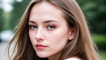 a woman with long hair and a white shirt is looking at the camera with a serious look on her face