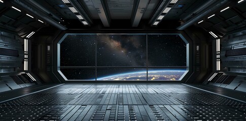 black empty Star Wars hangar with a white grid floor and dark background. A view of a galaxy in the window and a starship landing pad. A futuristic scene