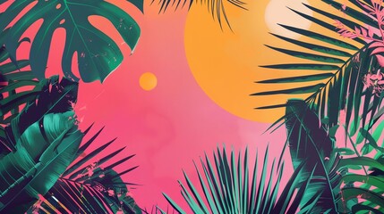a tropical sunset with palm leaves and a pink sky in the background with a yellow sun in the distance..