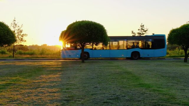 A beautiful sunset over a grassy field, silhouettes of a bus and two trees loom against the golden sky. The sun's rays create a warm and peaceful atmosphere.
