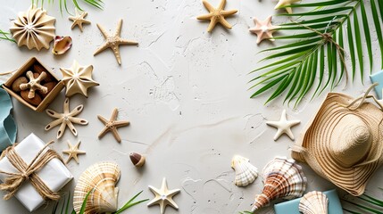 a table topped with lots of different types of seashells and starfishs next to a box of gifts..