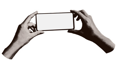 Two hands holding a phone with Trendy vintage dotted texture. Retro Halftone collage element. Vector illustration.