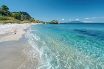 A pristine beach with clear blue waters and an absence of litter, representing successful conservation efforts.