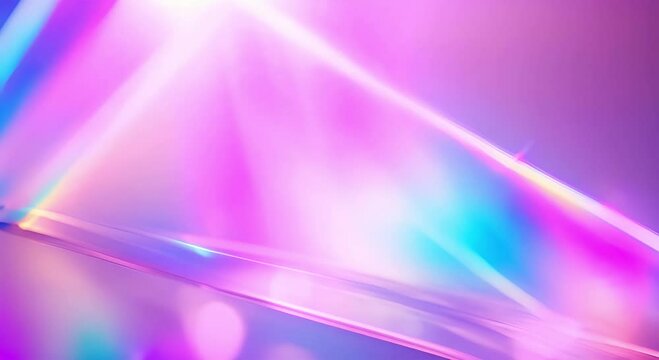 Abstract video background with prism light rainbow holo reflection. Holographic geometric shapes rotating against soft pastel background, digital art, fashion design, visuals, meditation, relaxation