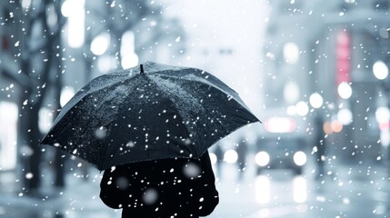 Person walking through snowy streets, umbrella shielding from the falling snow, illuminated shop windows, peaceful and detailed urban scene