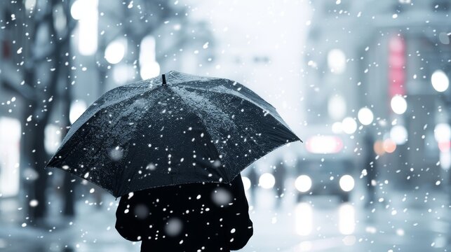 Person walking through snowy streets, umbrella shielding from the falling snow, illuminated shop windows, peaceful and detailed urban scene