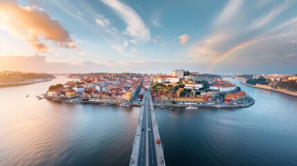 Naklejka premium Rainbow spanning the sky above an old city, vivid colors contrasting with aged architecture, dynamic and historic scene, lively ambiance