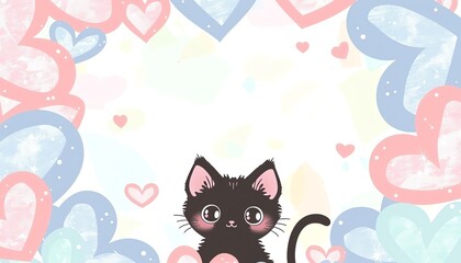 Adorable kitten frame with heart patterns, pastel hues, blank middle, endearing illustration,