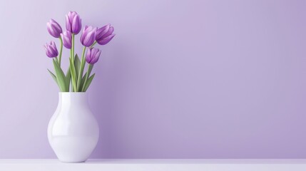 Fototapeta premium Purple Tulips in a White Vase on a Lavender Background
