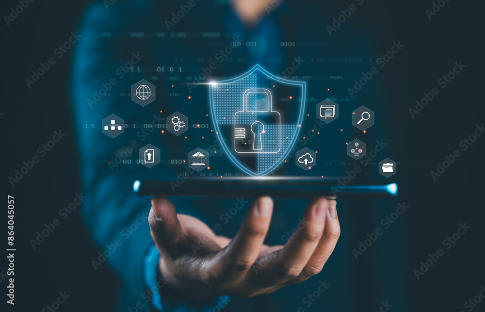Aufkleber Digital cyber secure, Cybersecurity and privacy concepts to protect data. Lock icon and internet network security technology, Global network security technology, protect personal data and information.