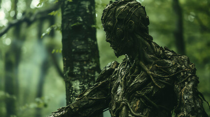 Fototapeta premium A man whose entire body was composed of tree bark transformed into a tree, set against the distant backdrop of a forest.