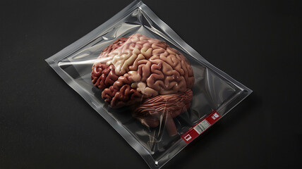 A studio product photo of a translucent ziplock bag with a brain inside, set against a black background and labeled like supermarket meat.