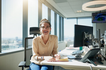 Woman, notebook and desk with portrait, smile and pen with sunlight in office for finance manager....