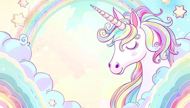 Cute unicorn frame with rainbow borders, pastel backdrop, blank middle, magical illustration,