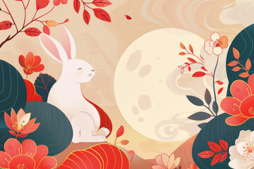 White rabbit sitting in a bed of flowers, admiring the full moon on a mid-autumn festival celebration
