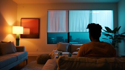 Bright living room, patient engaging in online health service,