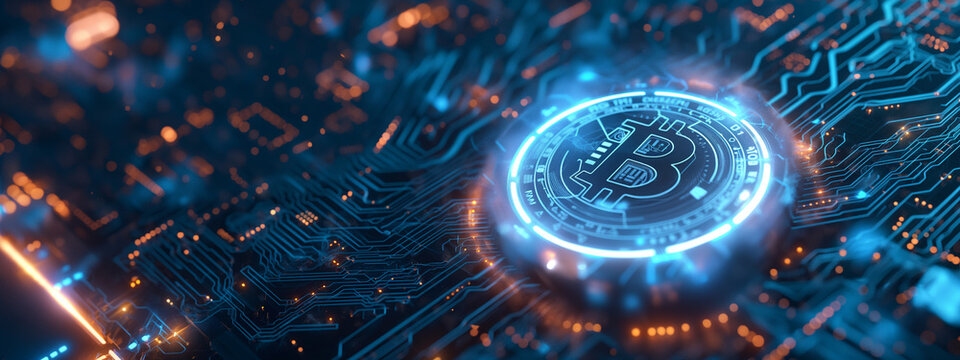 3D rendering of a holographic bitcoin logo surrounded by a circuit board, with a high-tech futuristic background
