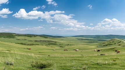 Cows Grazing in a Rolling Green Pasture