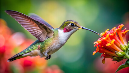 Naklejka premium A Hummingbird’s Feast, A Macro Photo of a Flower