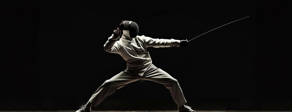 Long shot panoramic view of a fencer, elegant stance, sharp rapier pointed forward, illuminated against a deep black background
