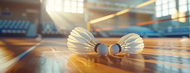 Long shot, soft and selective focus on pristine white shuttlecocks, resting by a sleek racket on an indoor badminton court, copy space