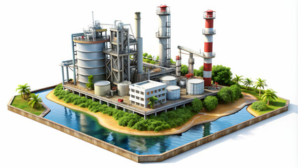3D Oil factory on the island isolated on white background
