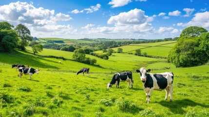 Cows graze peacefully in a lush green pasture under a bright blue sky. The rolling hills and abundant greenery create a scenic landscape.