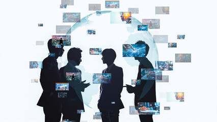 Interconnected global network, high-tech collaboration, futuristic office