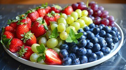 Healthy fruits, including strawberries, blueberries, and grapes, neatly arranged on a platter with mint leaves for garnish