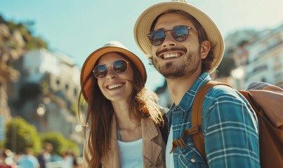 Obraz premium Young happy couple of tourists enjoying in city