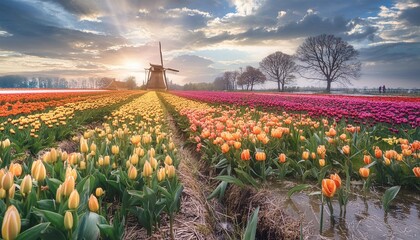 Portray the vibrant hues of tulip fields in the Netherlands during springtime.