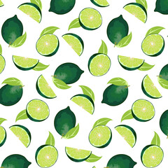 Vector pattern with green lime.Pattern with whole and cut limes on a transparent background.
