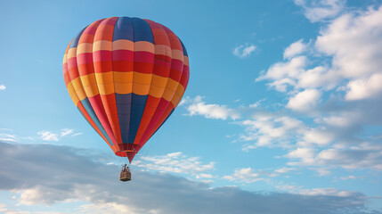 Fototapeta premium Colorful hot air balloon floating in blue sky with scattered clouds. Vibrant red, orange, and blue stripes on balloon create a striking contrast against sky