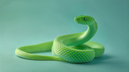 Fototapeta premium Green snake coiled with head raised, symbolizing New Year 2025 according to Chinese calendar. Minimalistic background enhances snake's vibrant color and festive significance