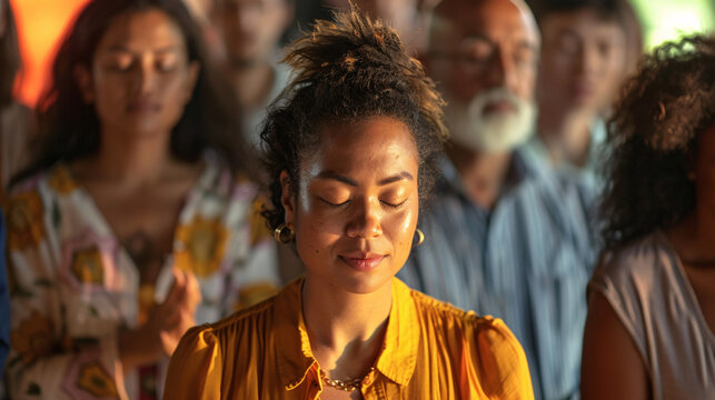 A group of diverse people showing unity in worship and prayer