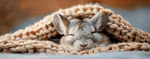 Fototapeta premium Adorable Chinchilla Sleeping in Knit Blanket