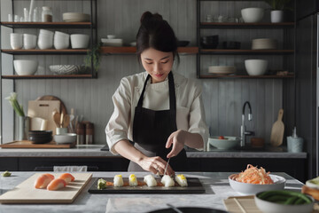 Woman preparing sushi in modern kitchen with various ingredients on the counter. Chef carefully arranging pieces on tray in a well-organized space