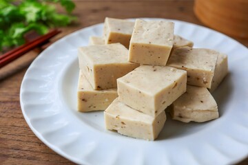 Vietnamese Pork Sausage  on a white plate ,cube Vietnamese Pork sausauge on wooden background close up food