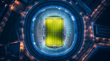 Top down aerial view of round soccer stadium match on night times