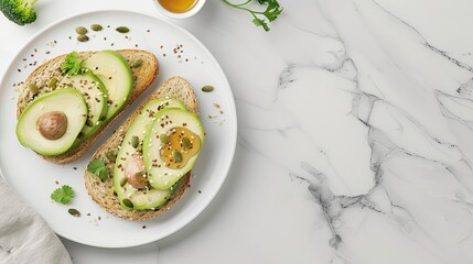 Avocado Toast With Seeds on White Marble Background