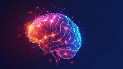 Fototapeta premium 3D illustration of a human brain with glowing neurons and synapses on a dark blue background.