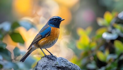 Fototapeta premium Male Bluetail (Luscinia cyane) perched on a rock
