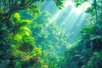 Obraz premium Sunlight illuminating lush green tropical rainforest canopy with palm trees and sunbeams