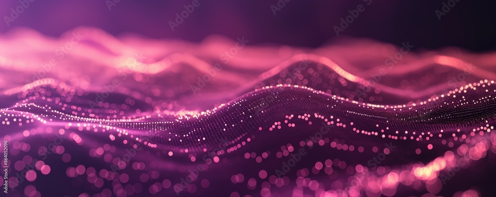 Poster abstract digital waves with glowing points in a purple and pink gradient. futuristic technology back