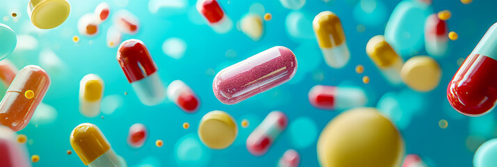 Various and multicolored tablets and capsules of different shapes levitating in the air on a blue isolated background. The concept of healthcare. The banner