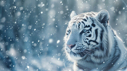 A white bengal tiger cat among snowflakes.