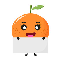 Vector funny orange, mandarin holding a white signboard. cartoon character with holding empty banner